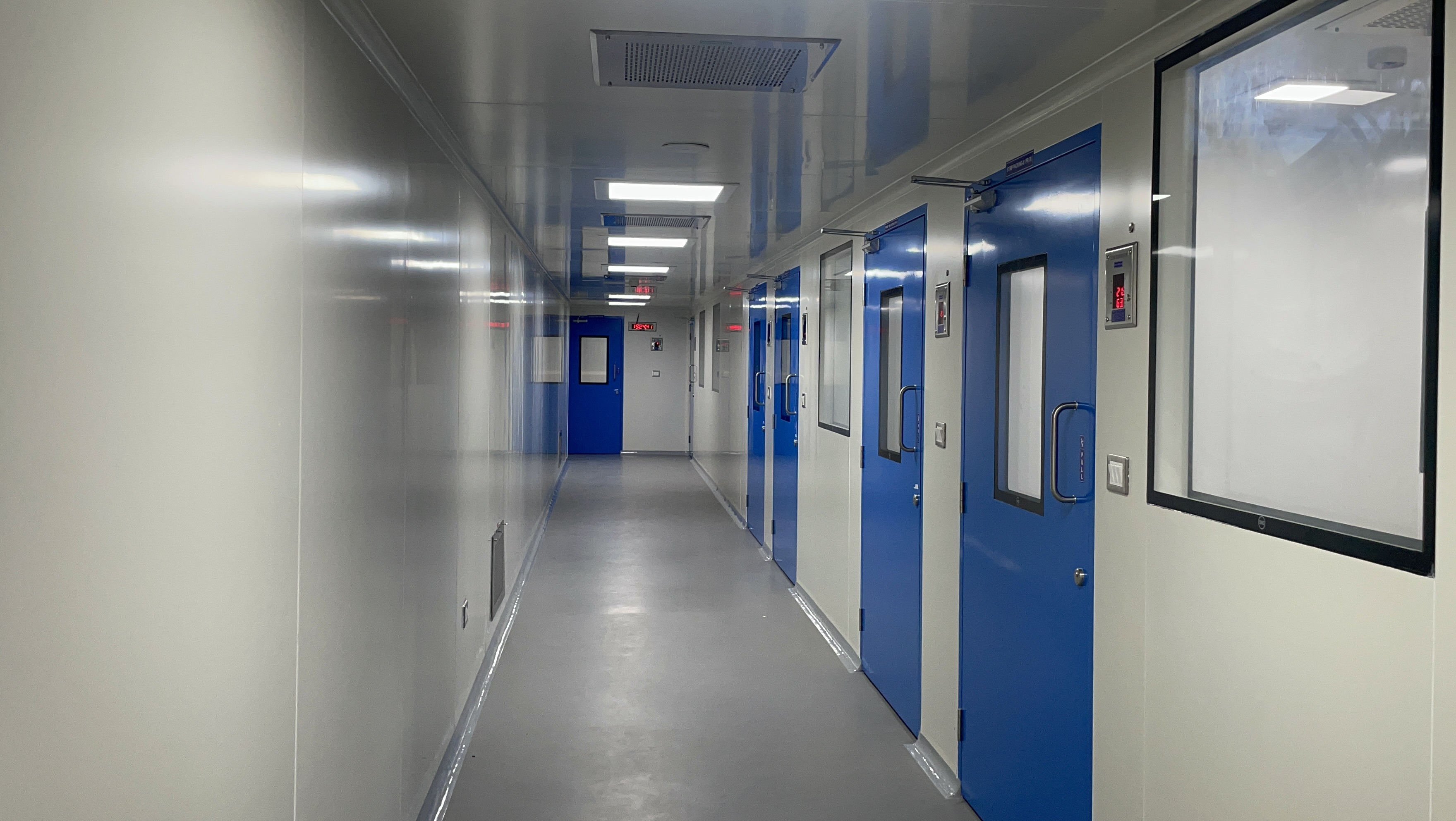 Modular cleanroom interior showing HEPA filtration system