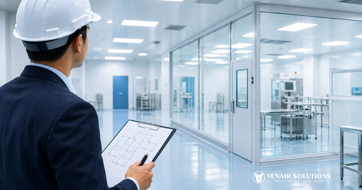 Modular cleanroom facility with engineer inspecting operation theatre design