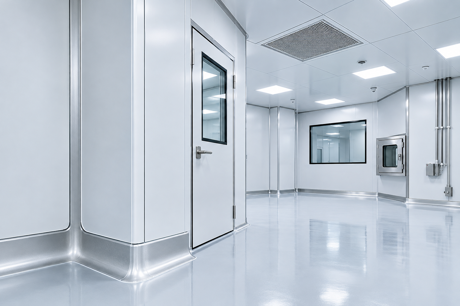 Modern pharmaceutical cleanroom interior featuring modular wall panels, sealed joints, rounded cove profiles, airtight doors, and seamless hygienic flooring.