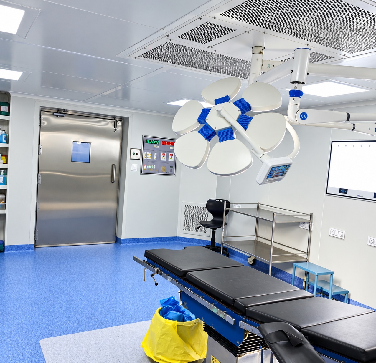 Modular operation theatre with HEPA ceiling diffusers, surgical light, stainless steel door and seamless vinyl flooring