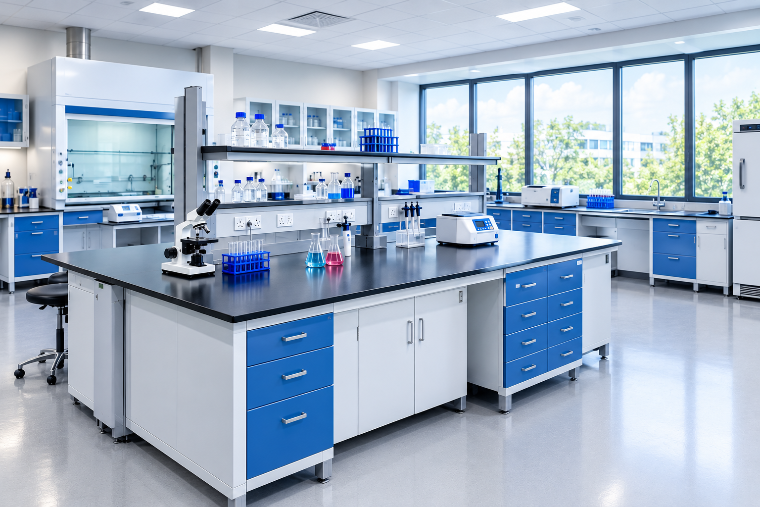 Modern laboratory with blue and white modular lab furniture, chemical-resistant worktops, storage cabinets, microscopes, laboratory equipment, and glassware in a clean, well-lit research environment.