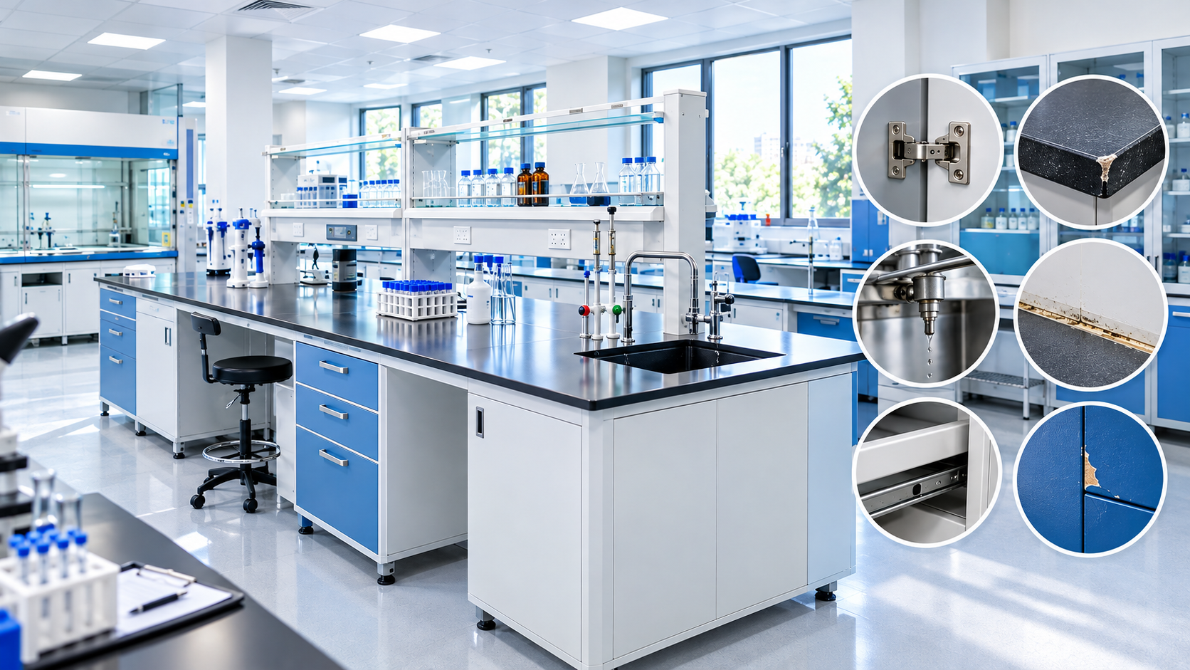 Modern laboratory with blue-and-white lab furniture, stainless steel workbenches, storage cabinets, and close-up details of damaged hinges, chipped countertops, leaking fittings, worn sealant, drawer slides, and peeling cabinet paint, highlighting laborat